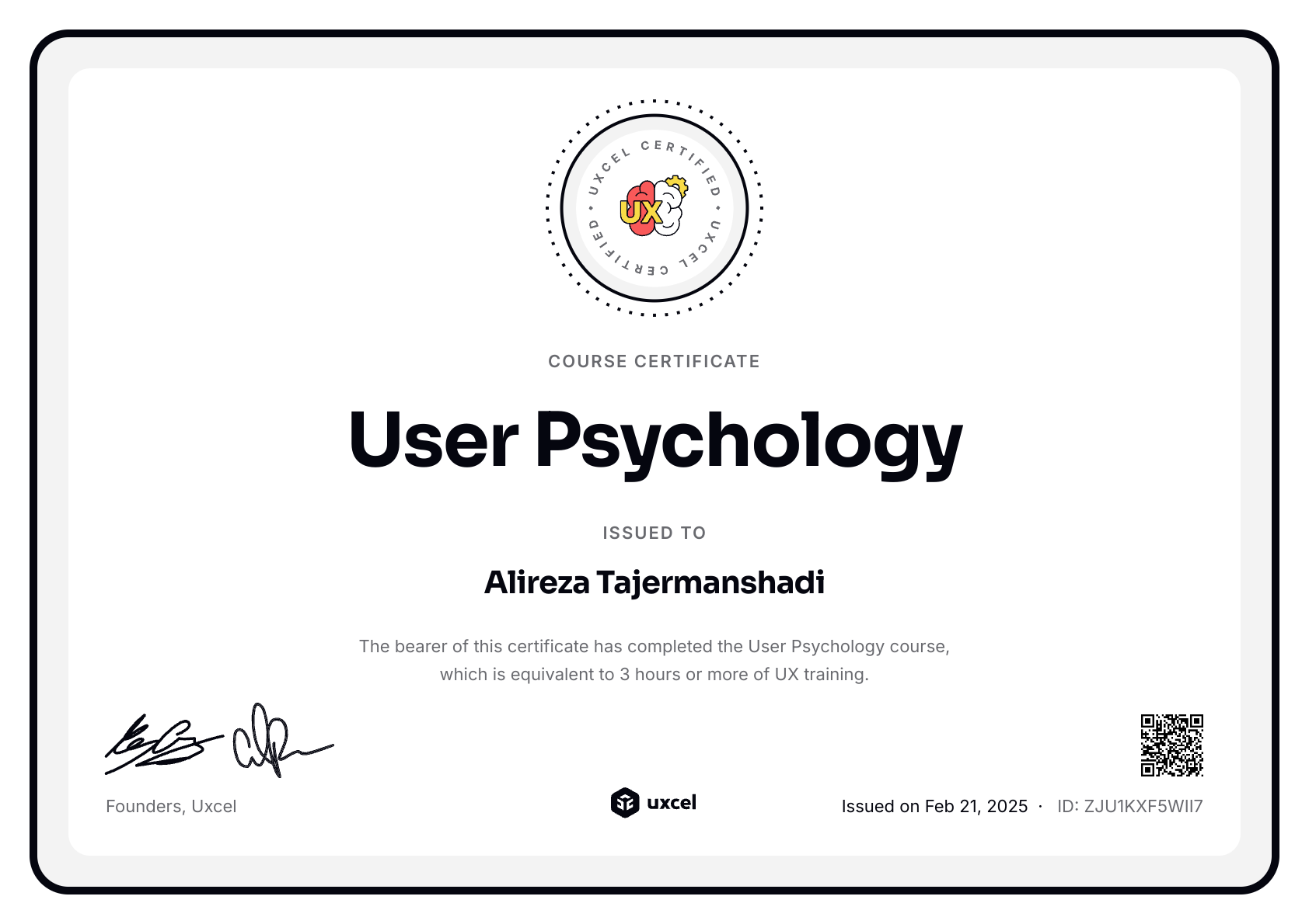 Alireza Tajermanshadi's certificate